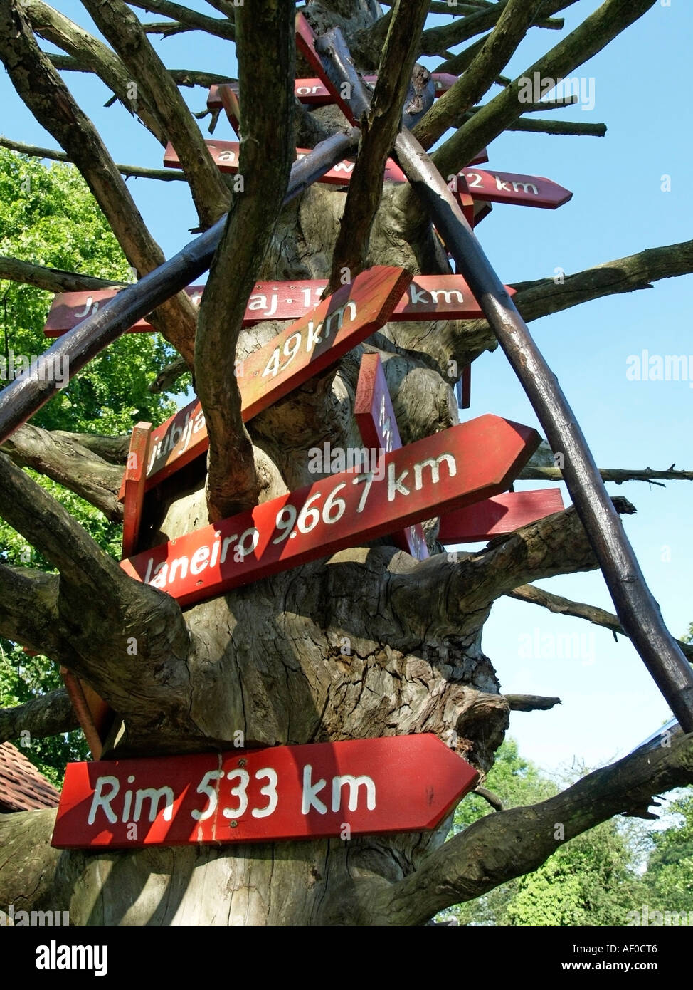 Tronco di albero con cartelli segnaletici stradali e indicazioni per le distanze del parco floreale Mozirski gaj nella città Mozirje in nella valle Foto Stock
