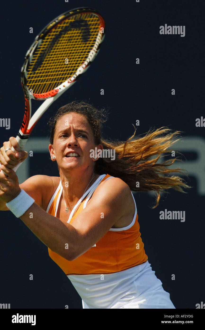 Patty Schnyder restituisce il rovescio del 2007 Acura Classic tennis tournament La Costa della California Foto Stock