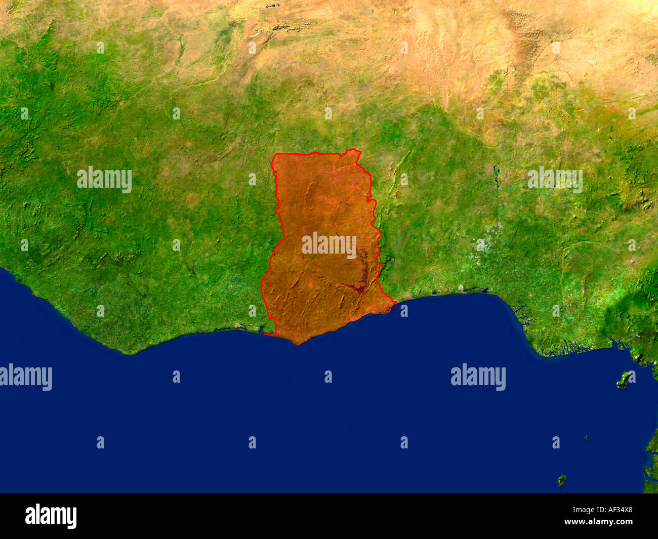 Immagine satellitare del Ghana ha evidenziato in rosso Foto Stock