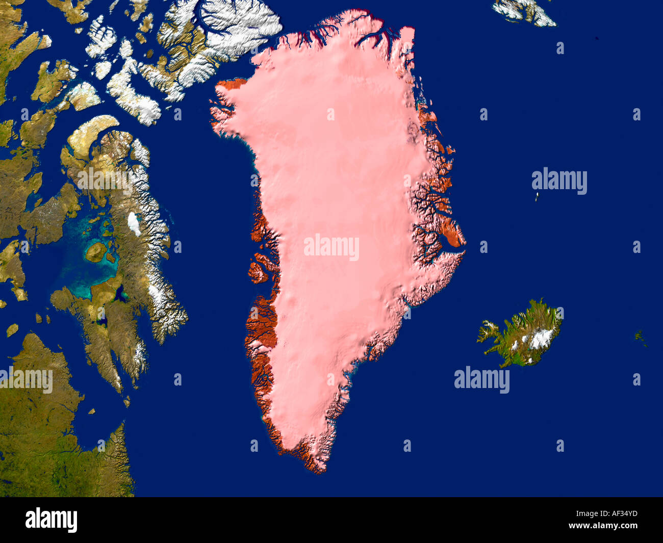 Immagine satellitare della Groenlandia sono evidenziati in rosso Foto Stock