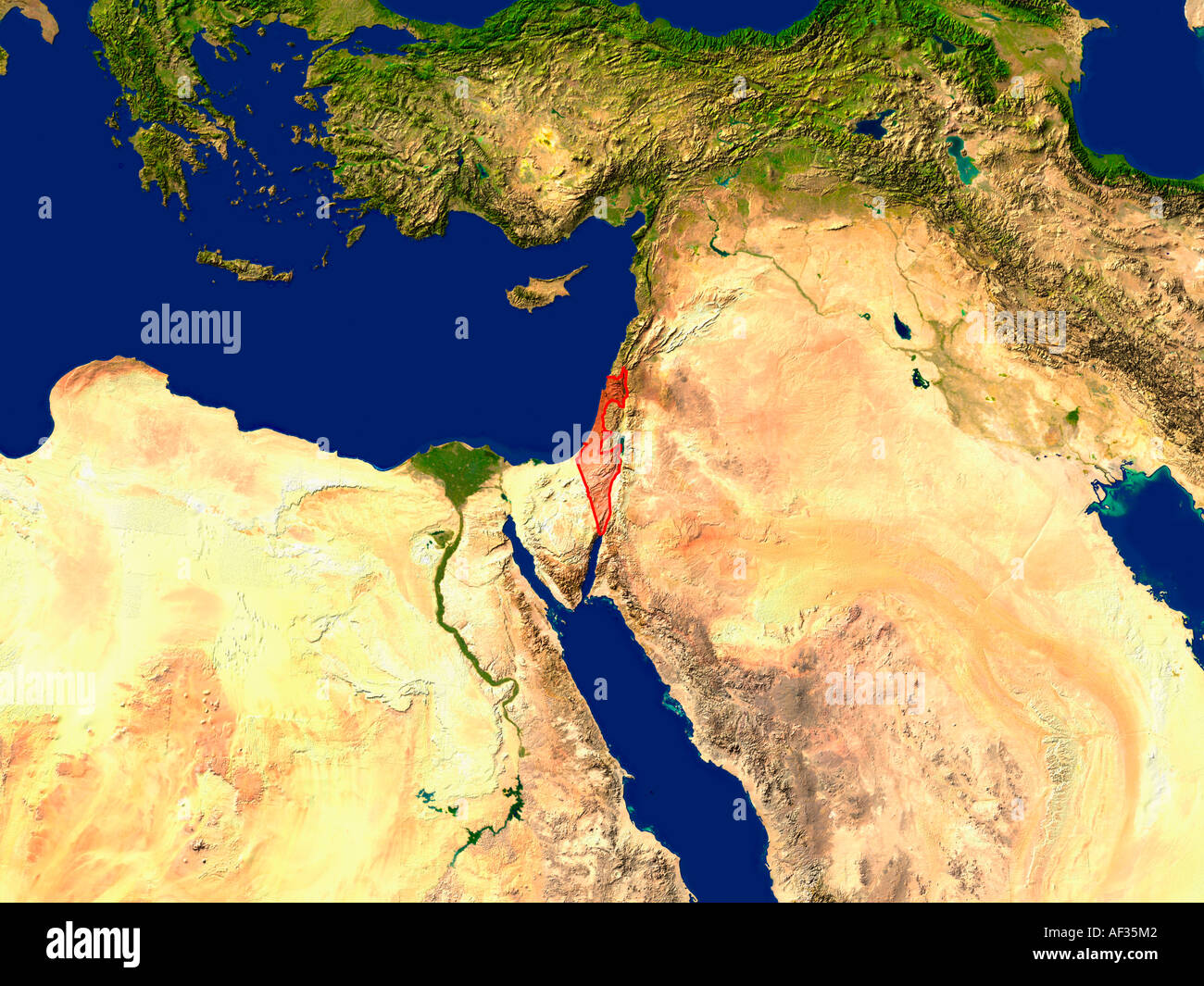 Immagine satellitare di Israele sono evidenziati in rosso Foto Stock