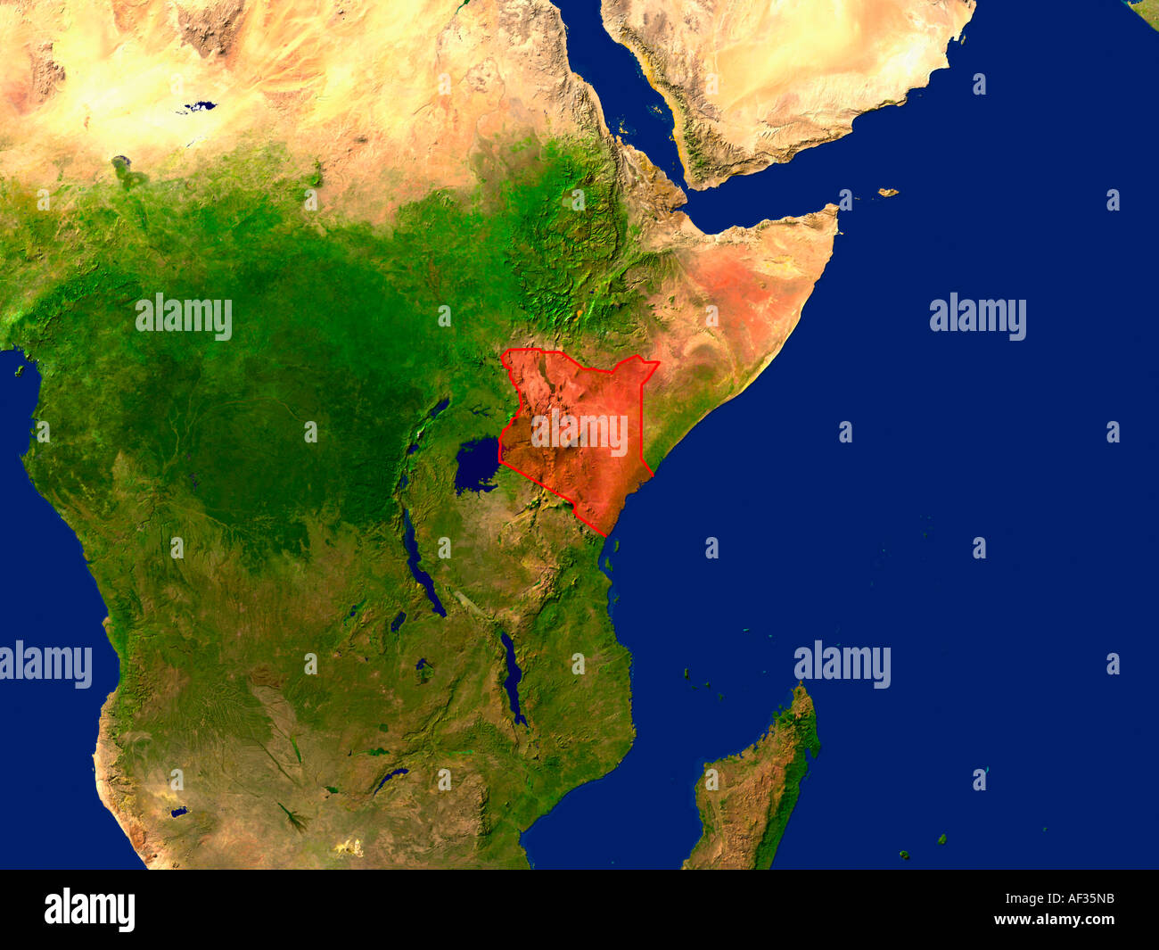 Immagine satellitare del Kenya sono evidenziati in rosso Foto Stock