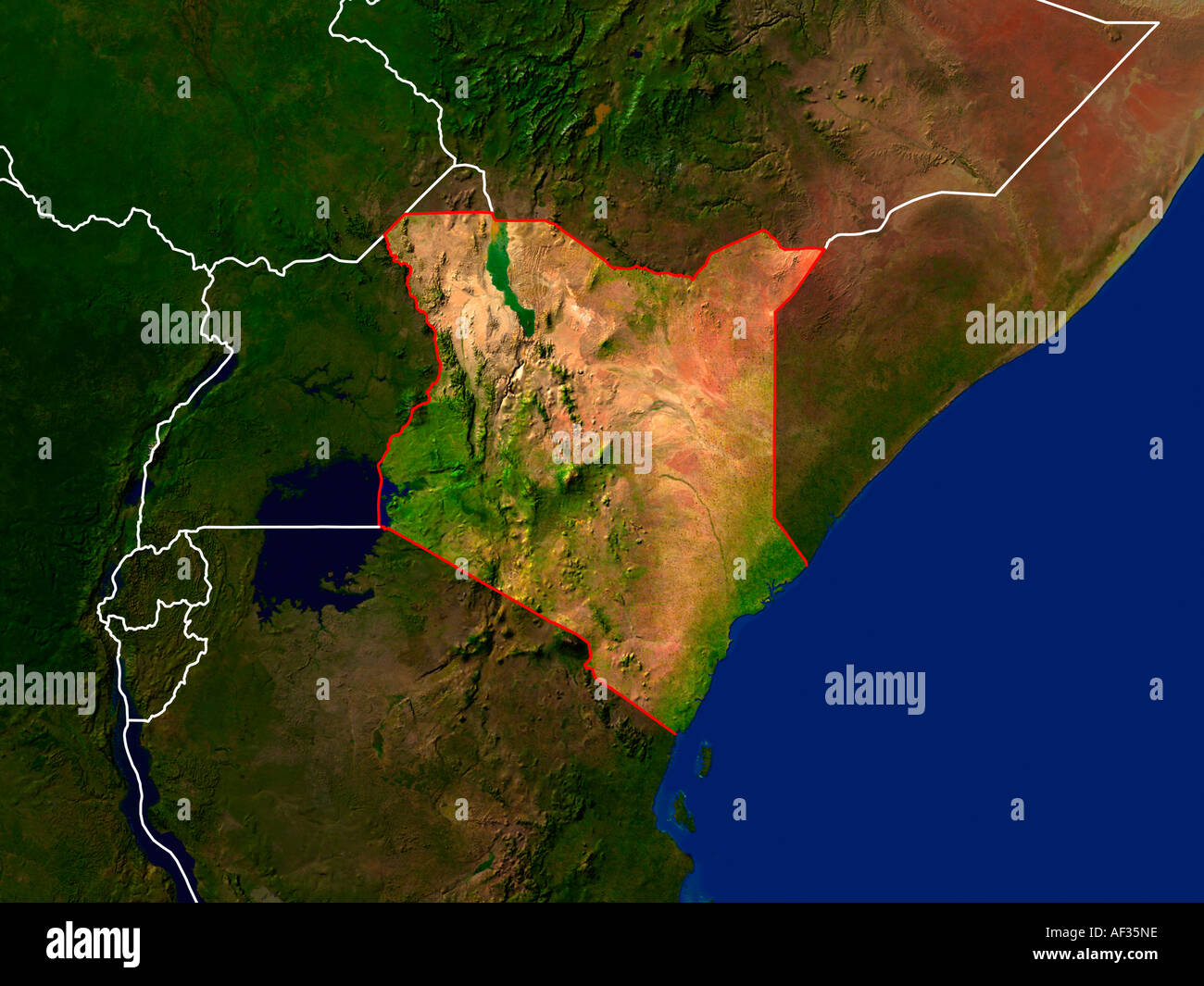 Ha evidenziato un'immagine satellitare del Kenya che mostra il paese i confini dell Foto Stock