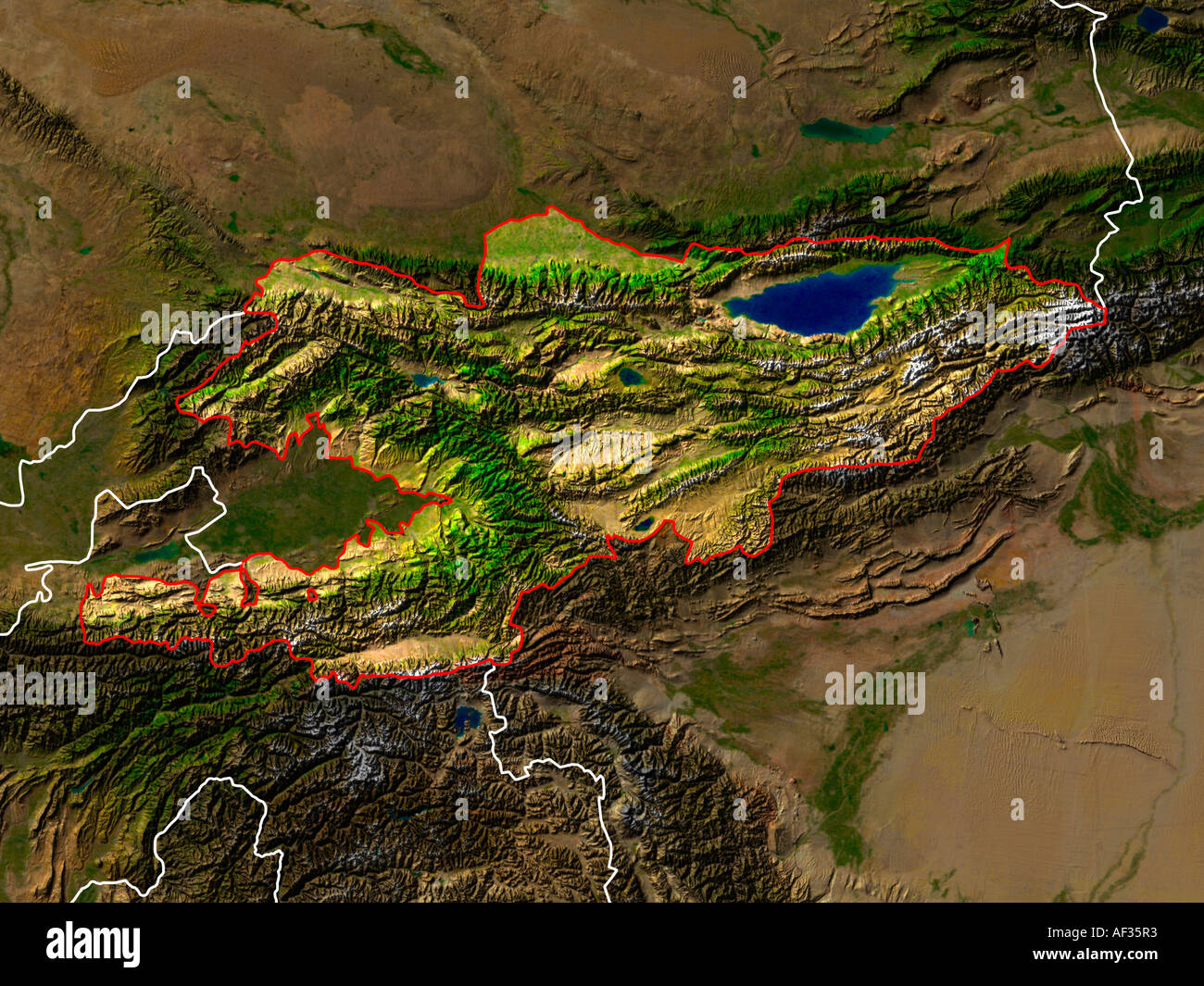 Ha evidenziato un'immagine satellitare del Kirghizistan mostra Paese i confini dell Foto Stock