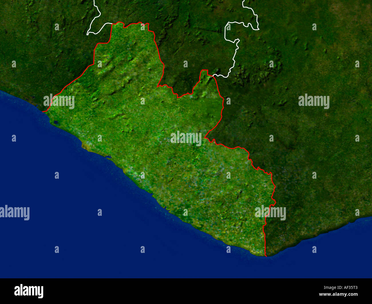 Ha evidenziato un'immagine satellitare della Liberia che mostra il paese i confini dell Foto Stock