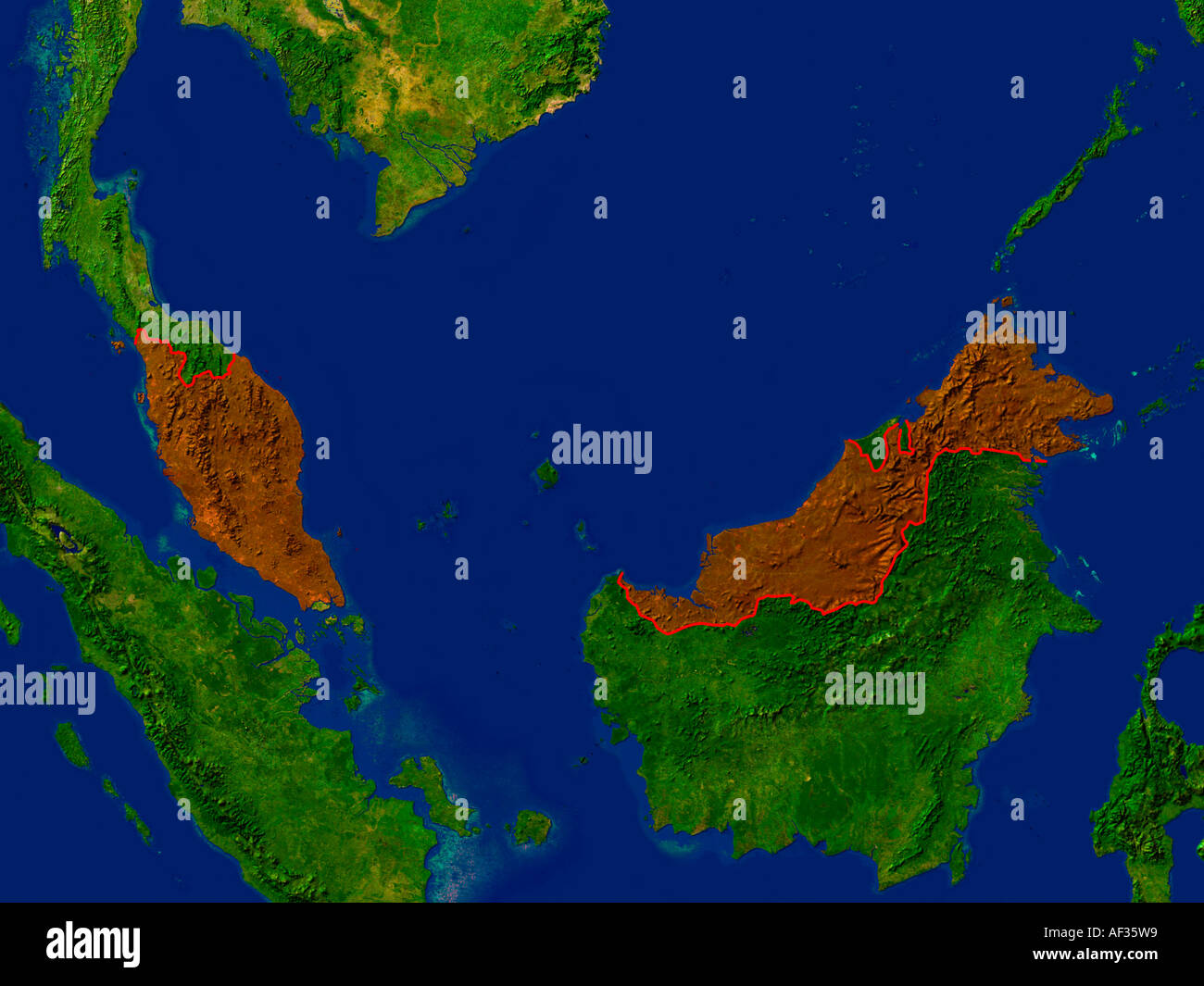 Immagine satellitare della Malaysia sono evidenziati in rosso Foto Stock