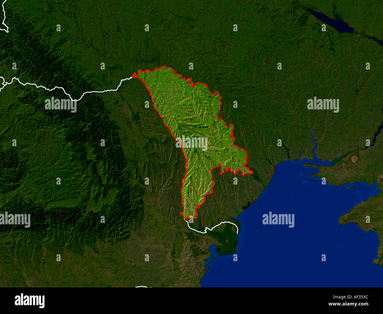 Evidenziato Mappa satellitare di Moldova paese mostrando i confini dell Foto Stock