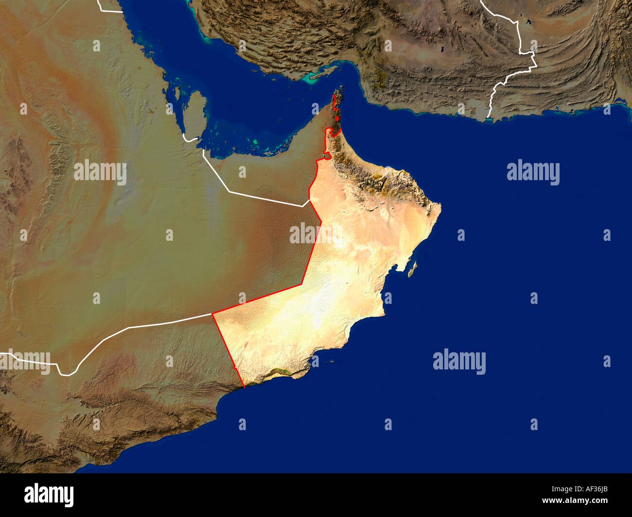 Immagine satellitare di Oman mostra Paese i confini dell Foto Stock