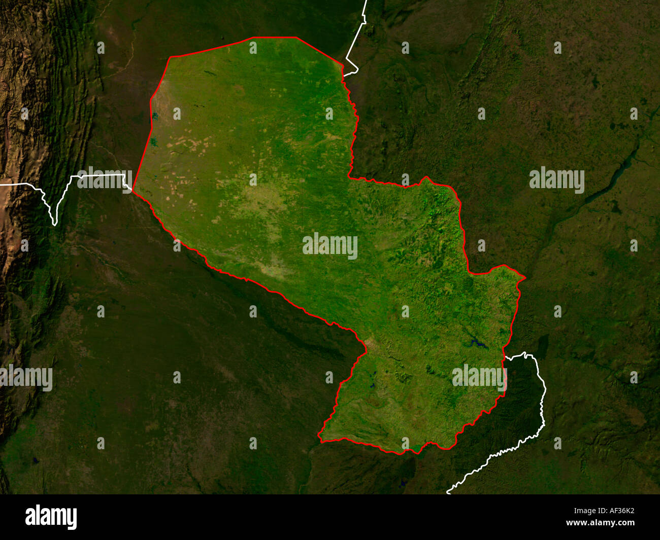Immagine satellitare del Paraguay che mostra il paese i confini dell Foto Stock