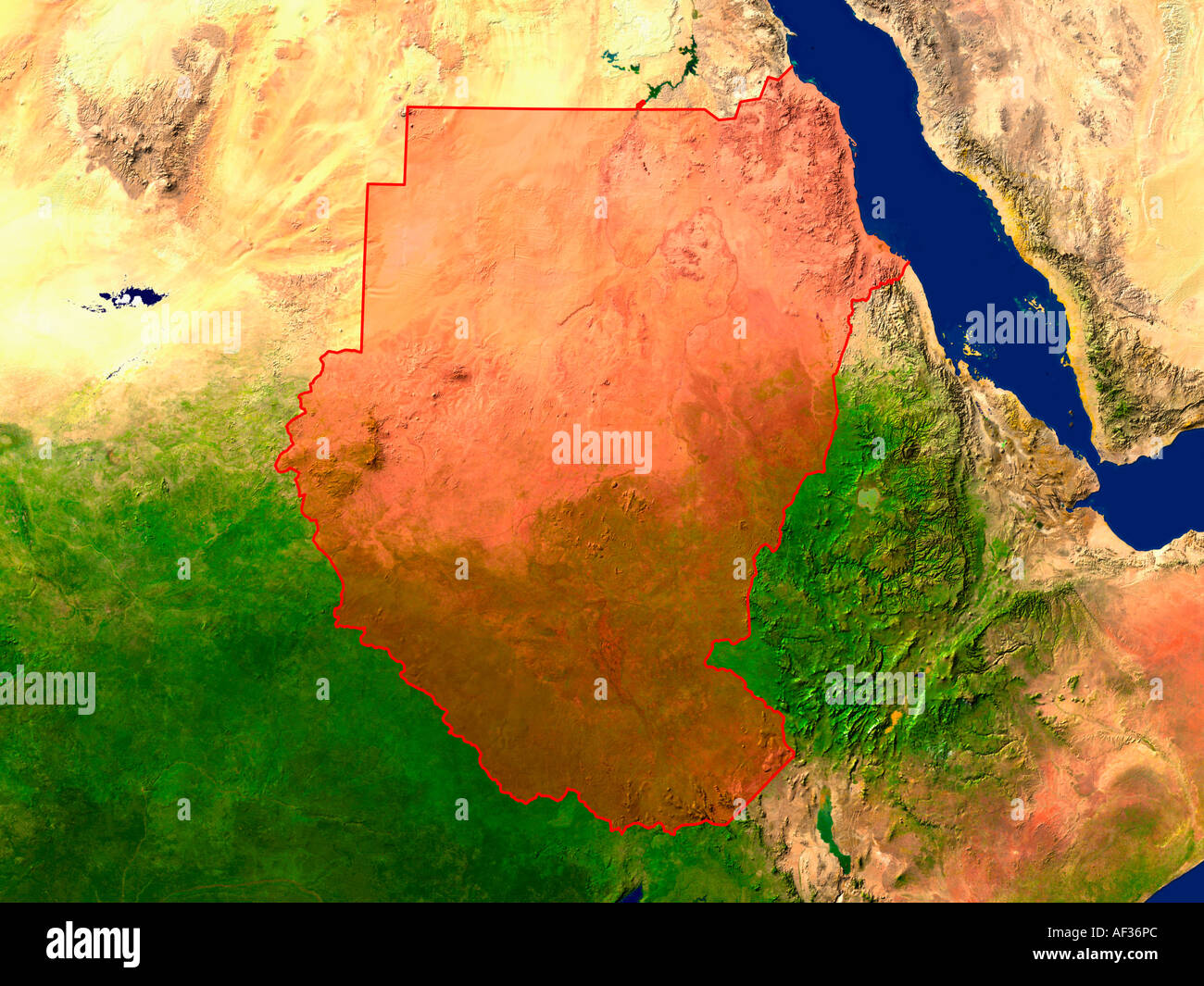 Immagine satellitare del Sudan sono evidenziati in rosso Foto Stock