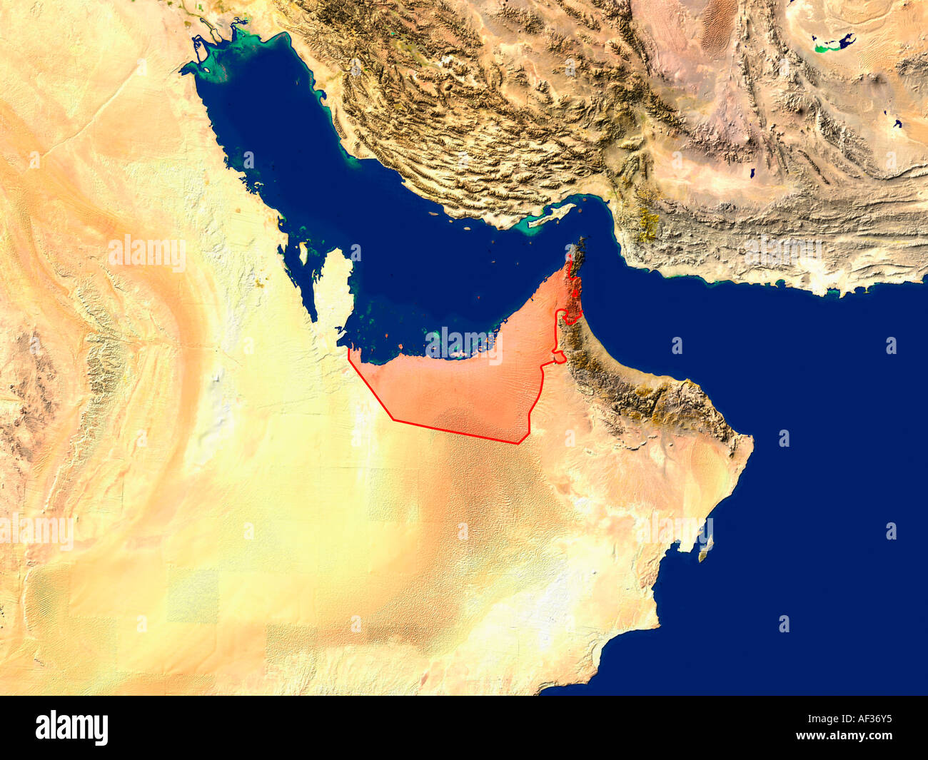 Immagine satellitare di Emirati Arabi Uniti sono evidenziati in rosso Foto Stock