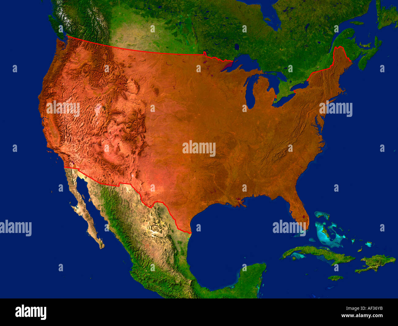 Immagine satellitare della USA evidenziato in rosso Foto Stock