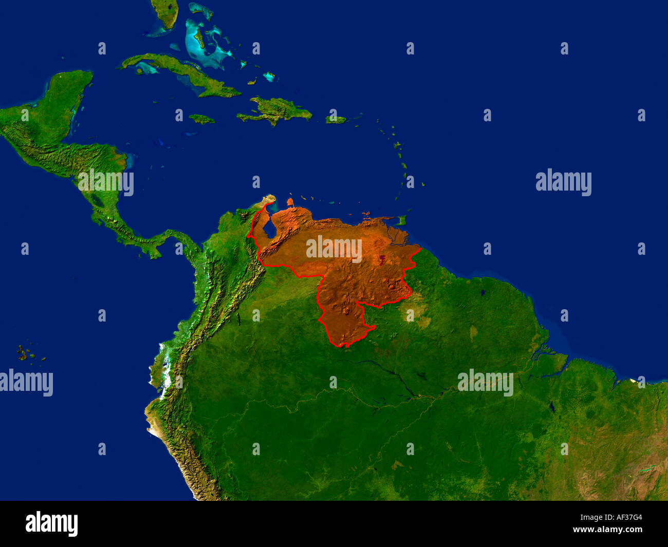 Immagine satellitare del Venezuela sono evidenziati in rosso Foto Stock