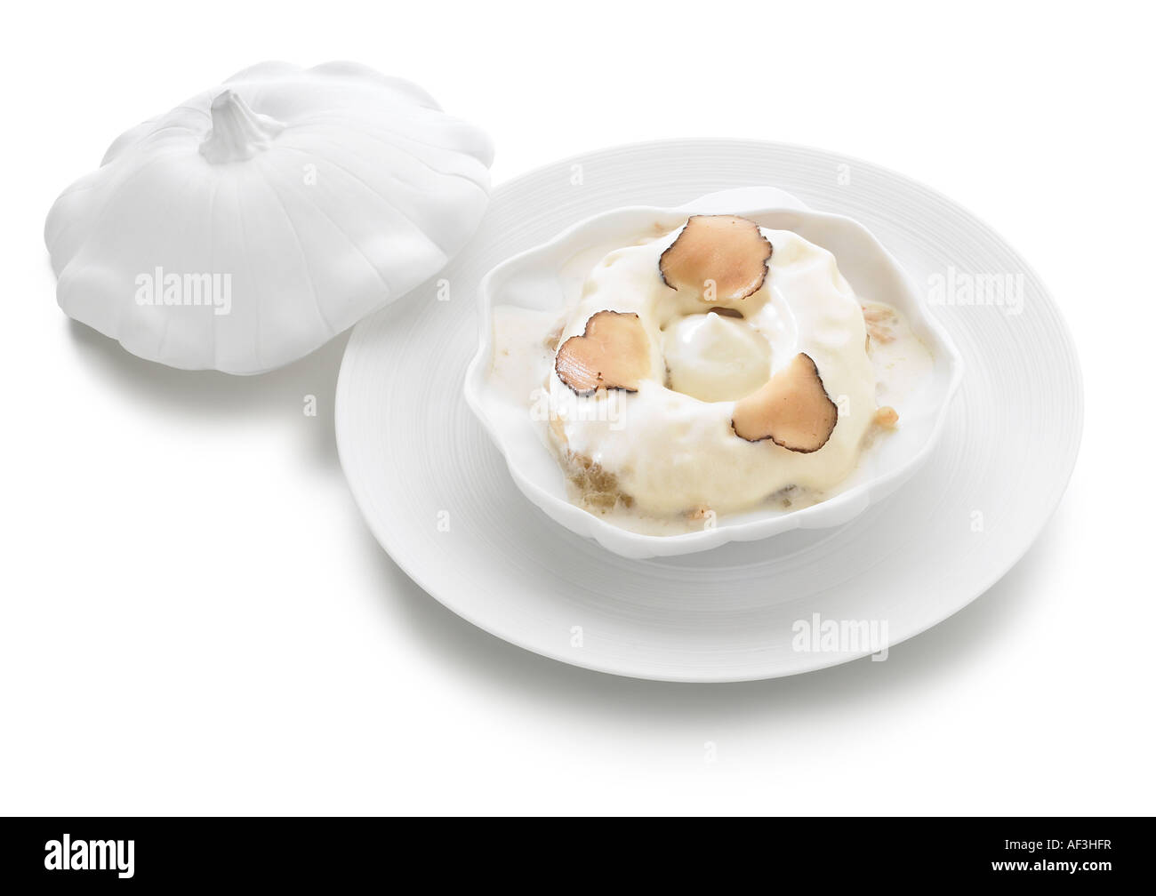 Refrigerate Coco zuppa di fagioli con pollo affogato sauternes e gelatina di pollo Foto Stock