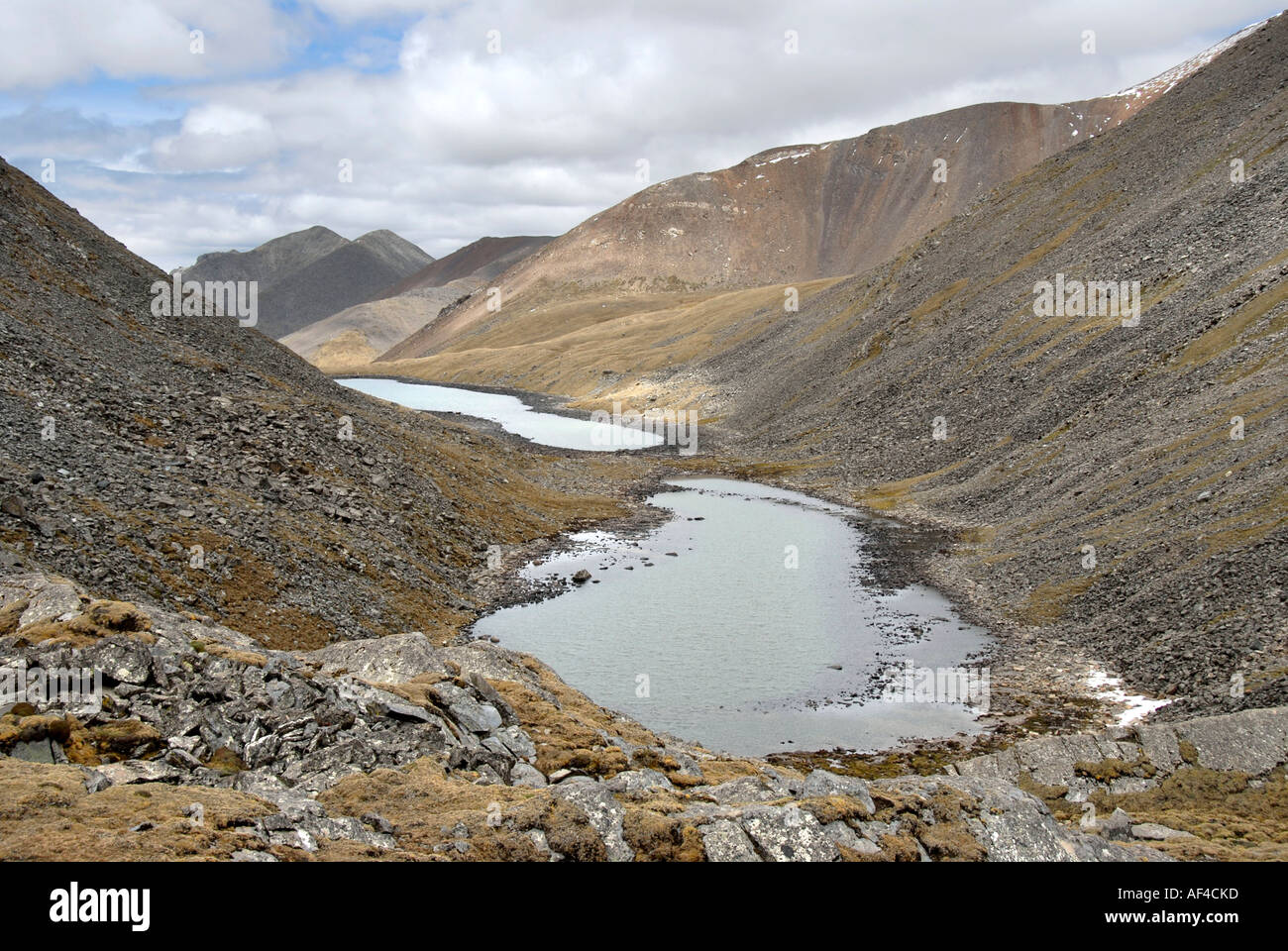 Due laghi di montagna in arido paesaggio roccioso rocky Chitu La Pass 5100 m il Tibet Cina Foto Stock