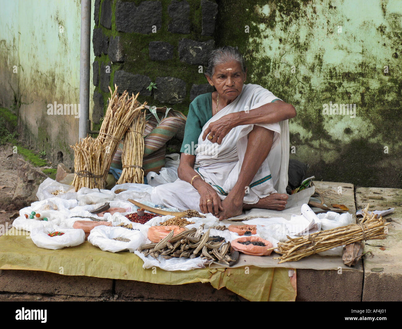 Vecchia donna vendita di sementi di ortaggi in Mannasala, Kerala, India Foto Stock