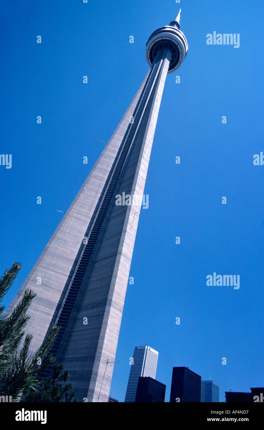 Ampio angolo basso punto di vista della CN Tower cercando drammaticamente che mostra la sua altezza contro il cielo azzurro di Toronto in Canada Foto Stock