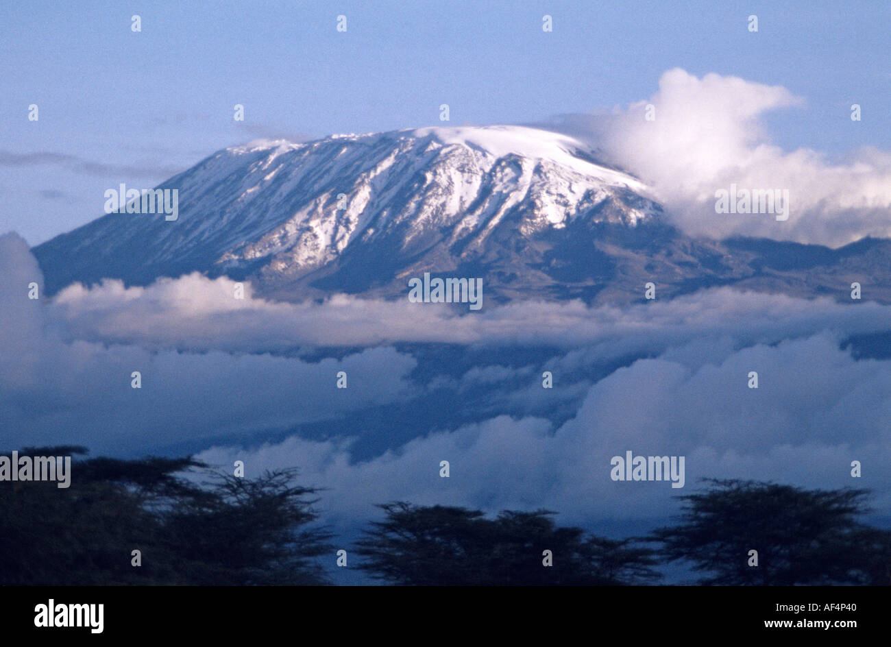 Il Monte Kilimanjaro in Tanzania nel tardo pomeriggio di sole inghirlandato in basse nubi intorno al picco visto da di Amboseli Kenya Foto Stock