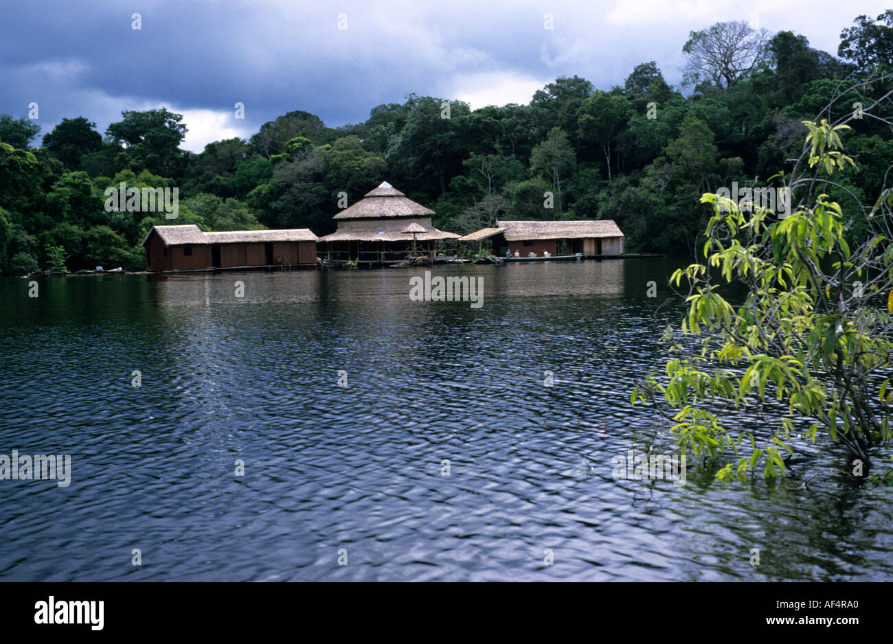 Amazon River Lodge floating visitatore alloggio tra alberi e lo scenario della foresta pluviale nella regione amazzonica del Brasile Foto Stock