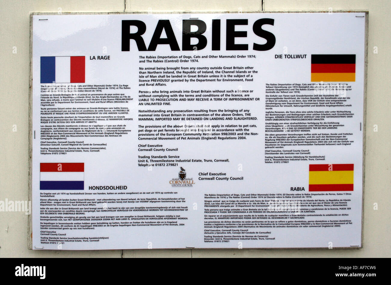 Avviso di rabbia, Cornwall, Regno Unito, Europa Foto Stock