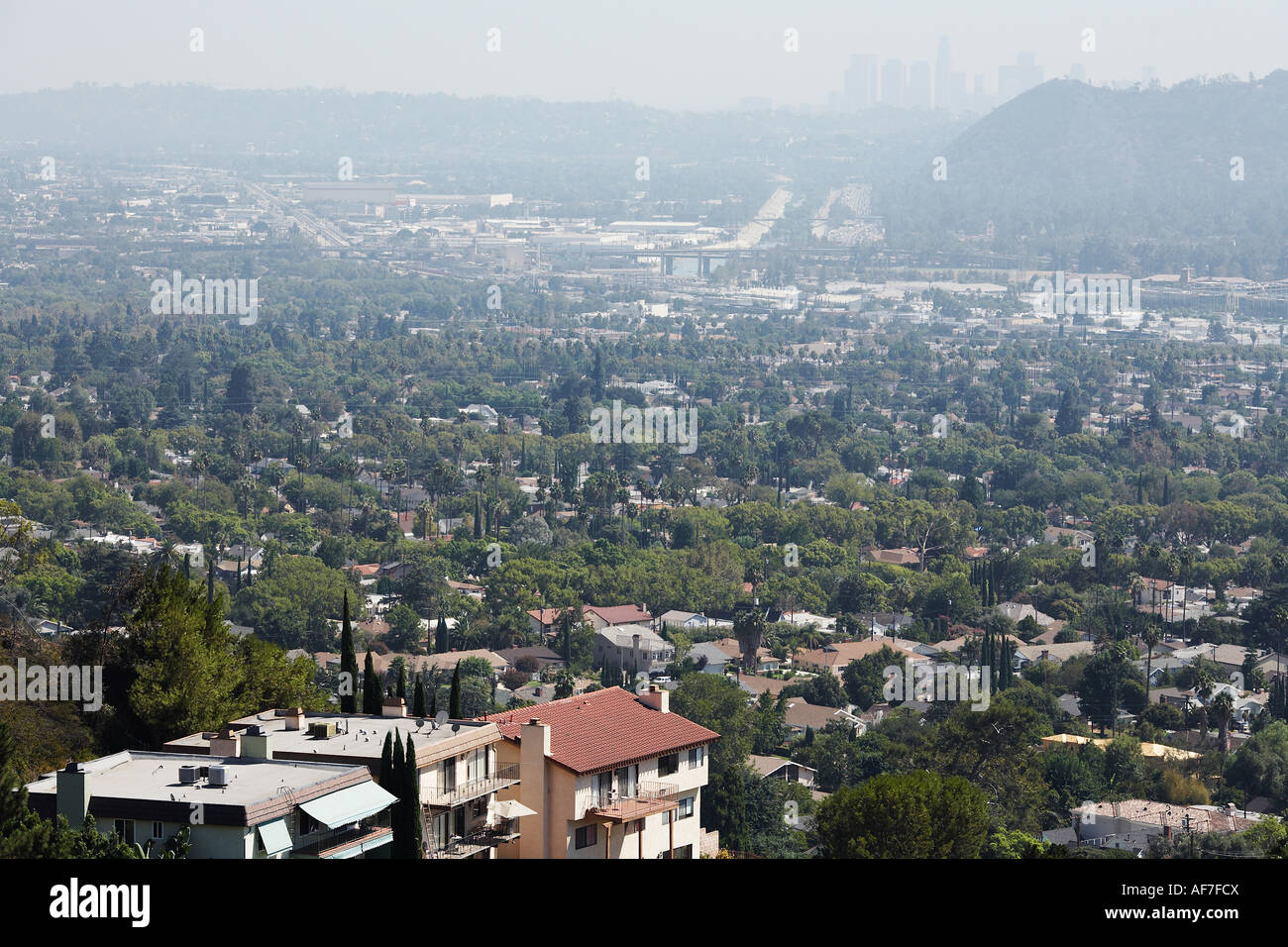 Vista dalle colline di Burbank su Glendale e Griffith Park Burbank San Fernando Valley di Los Angeles in California Foto Stock