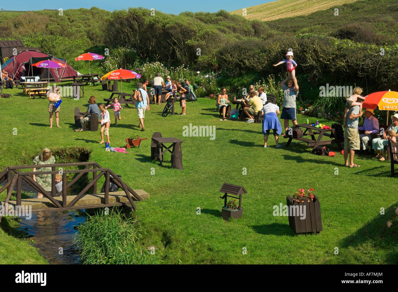 Famiglie britanniche in grassy area picnic Northcott bocca North Cornwall west country vicino a Bude Inghilterra Foto Stock