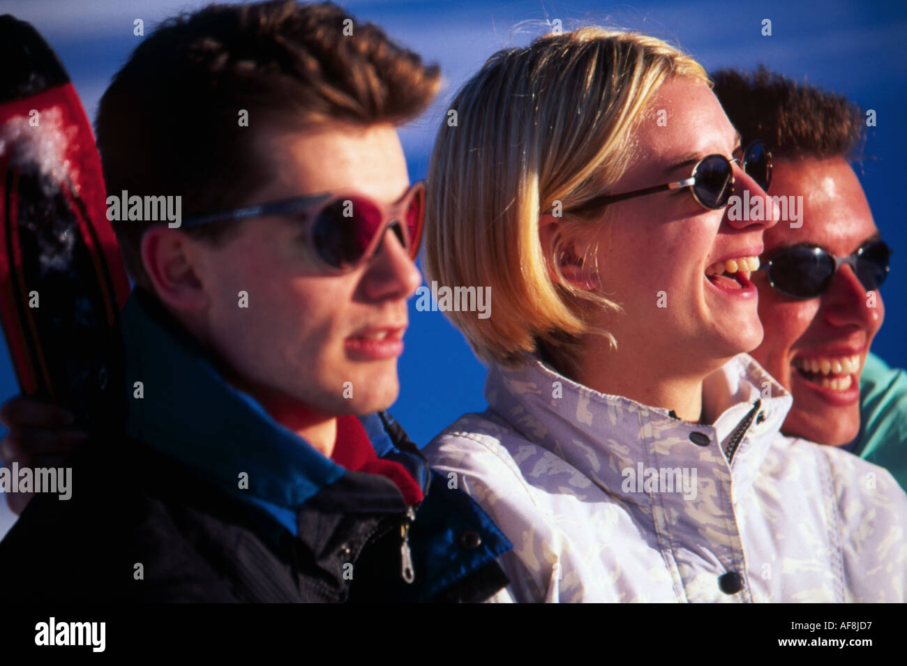 Gli sciatori sulle Alpi francesi Foto Stock
