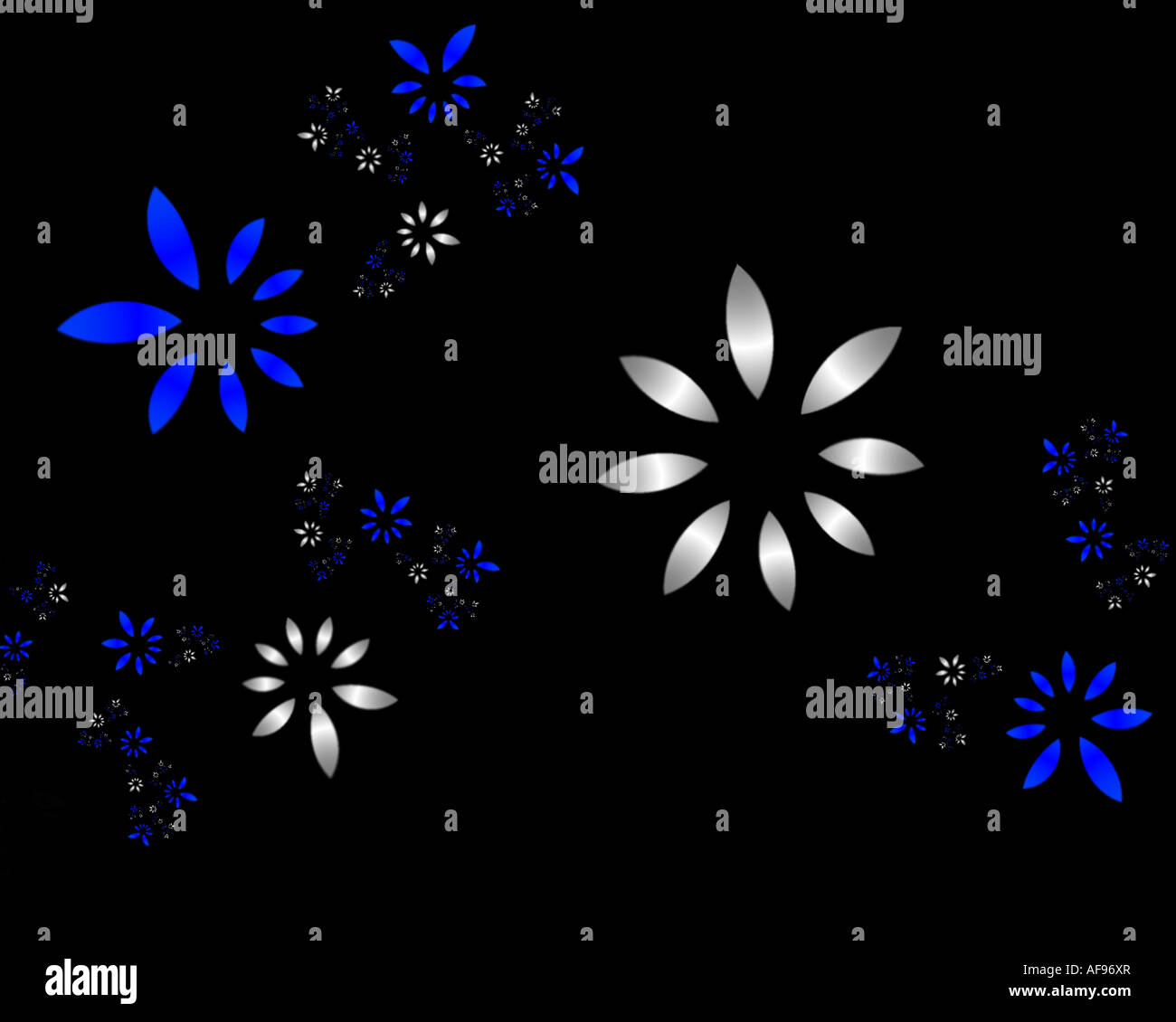 Abstract illustrazione di fractal del blu e del bianco margherite su sfondo nero Foto Stock