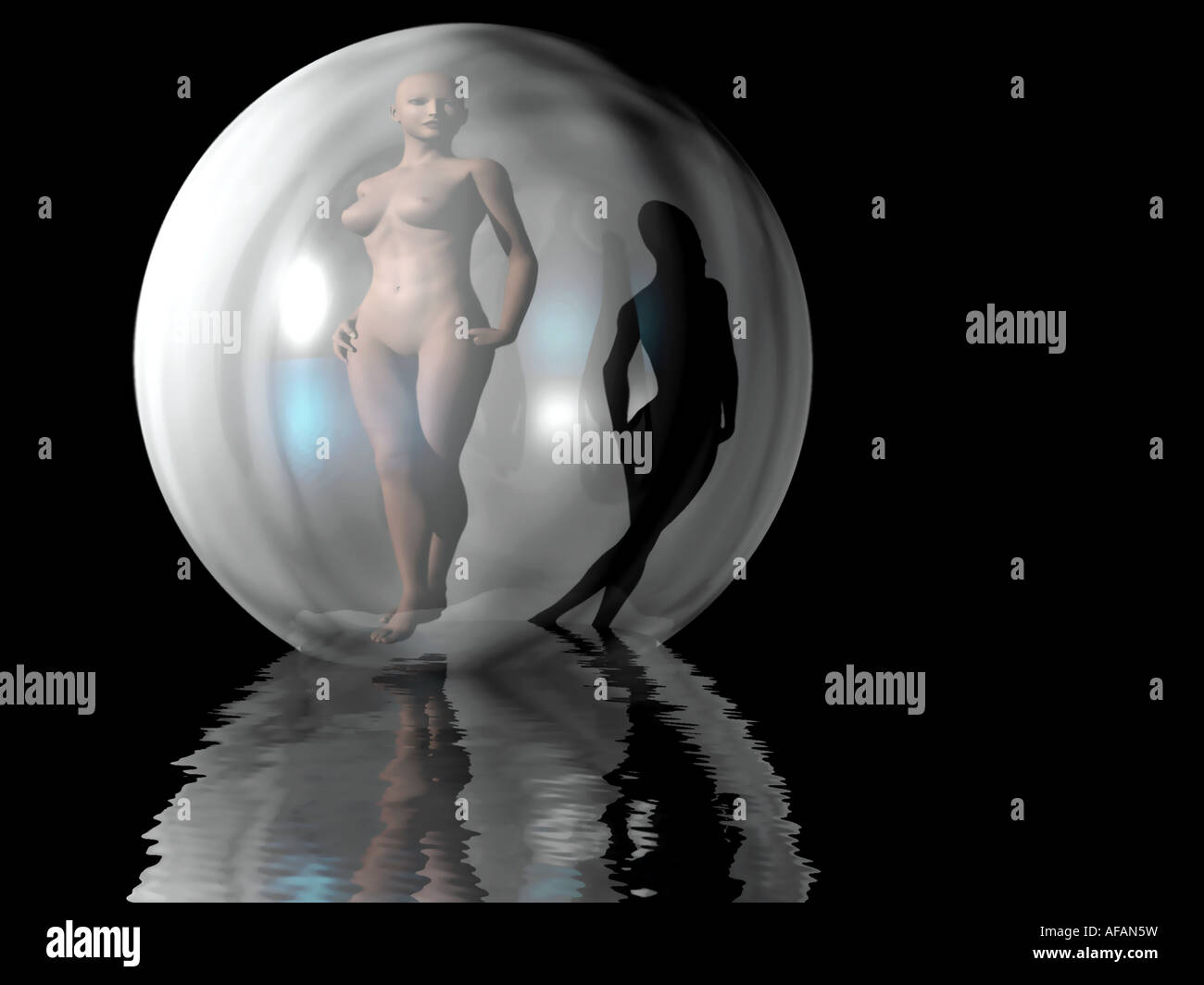 3d generati specchiato modello pone in una bolla cat camminare sull'acqua con sfondo nero Foto Stock