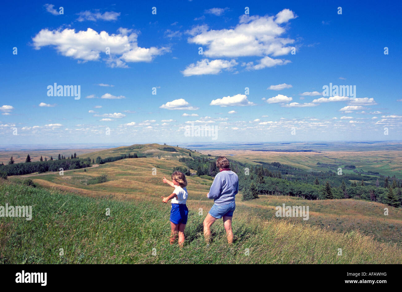 I visitatori di Cypress Hills Interprovencial Park questa zona era libero di ghiacciai in Ice Age, Alberta/Saskatchewan, Canada. Foto Stock