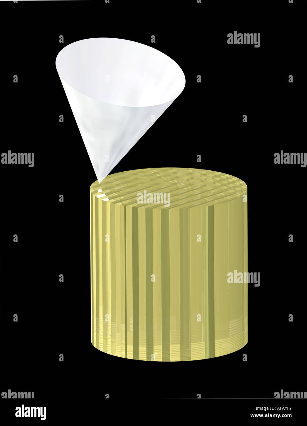 Immagine 3D rappresentata da un cono in equilibrio su un cilindro su sfondo nero Foto Stock