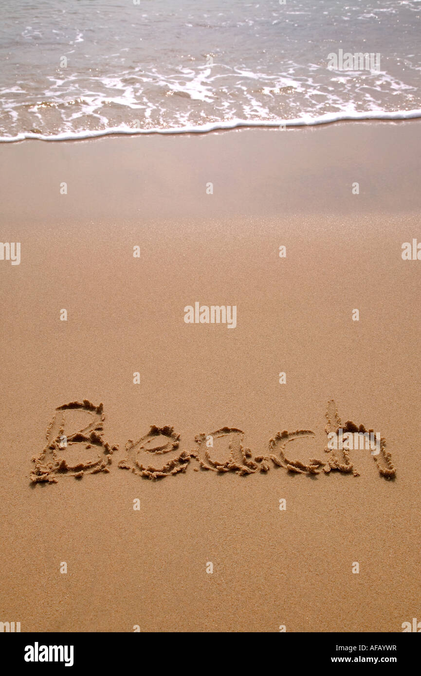 Scritto sulla spiaggia in sabbia in spiaggia Foto Stock