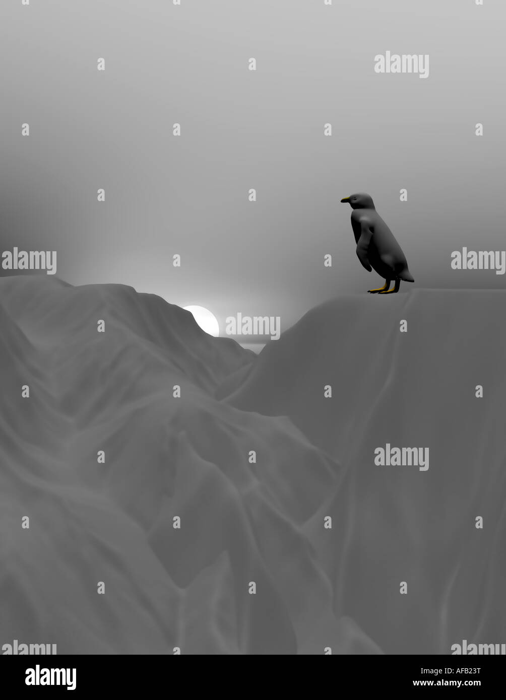 Immagine 3D rappresentata di un pinguino isolato su un iceberg cercando di decidere se passare al successivo ridge Foto Stock