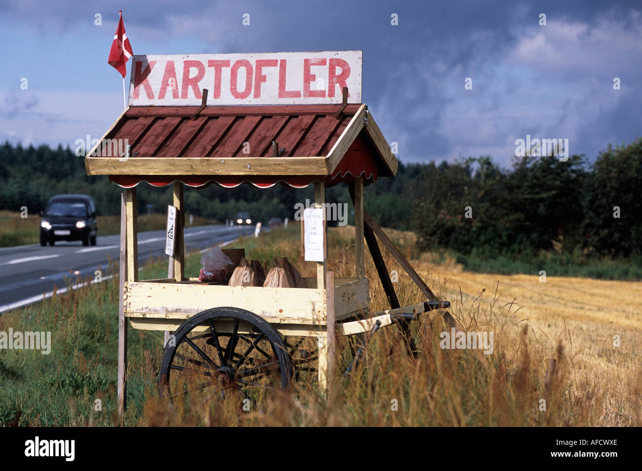 Strada Stand di patate, Morup Molle, Nord dello Jutland, Danimarca Foto Stock