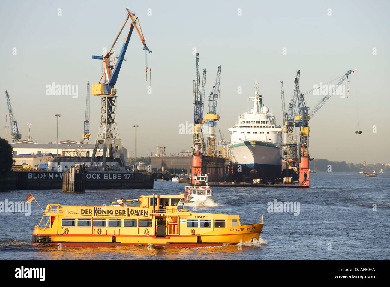 Nave da crociera MS Albatros, cantiere navale Blohm e Voss, chiatta sul fiume Elba, Porto, porto di Amburgo Foto Stock