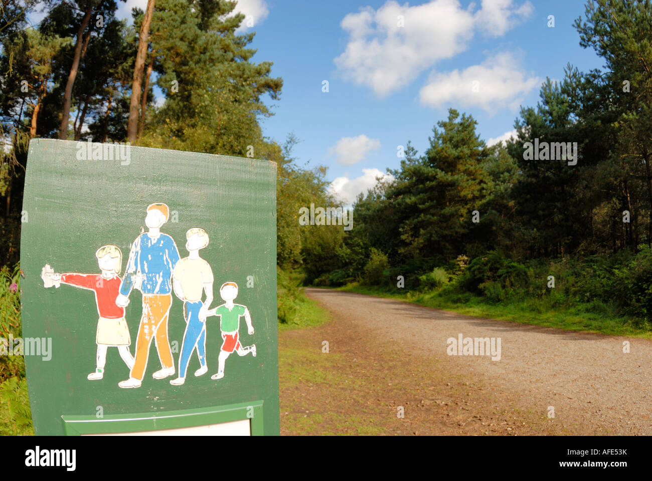 Segno accanto alla pista forestale per gli escursionisti e i ciclisti in Delamere Forest in Cheshire England Gran Bretagna Foto Stock