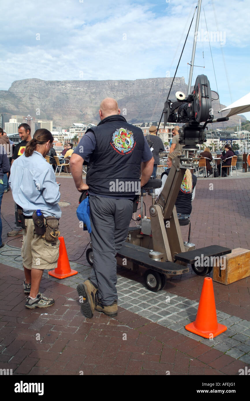 Troupe cinematografica con la macchina fotografica del film. Città del Capo Sud Africa Foto Stock