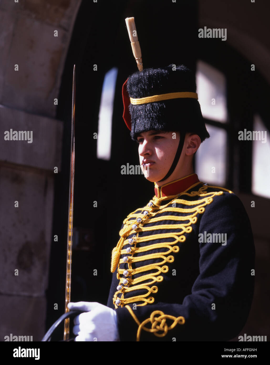 Horse Guard soldato con Sabre, intrecciato in uniforme, Whitehall, Londra Foto Stock
