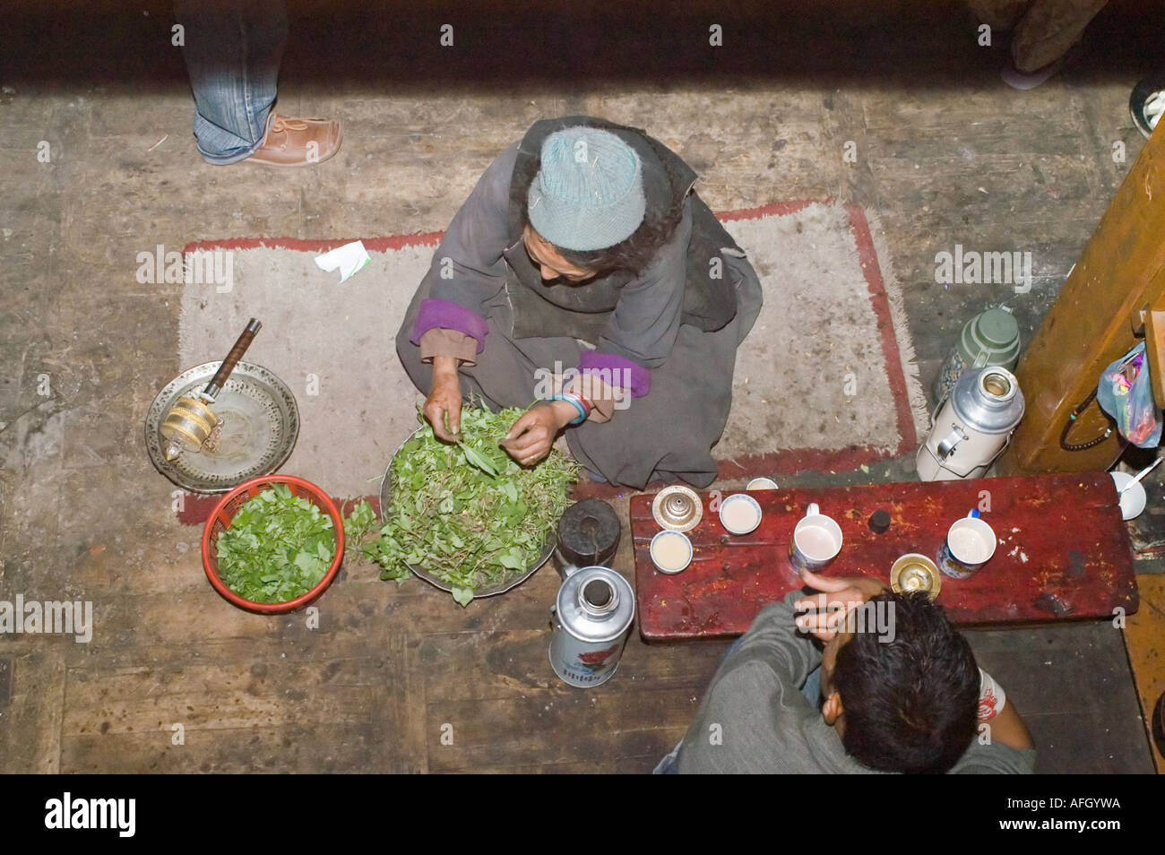 Vecchia donna dal Ladakh in cucina, Nurla village, Indus Valle, Jammu e Kashmir India Foto Stock