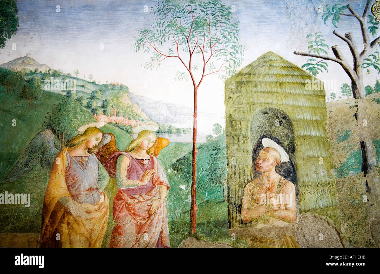 San Francesco di Assisi con angeli affresco nella motivazione della Basilica di Santa Maria degli Angeli di Assisi Umbria Italia Foto Stock