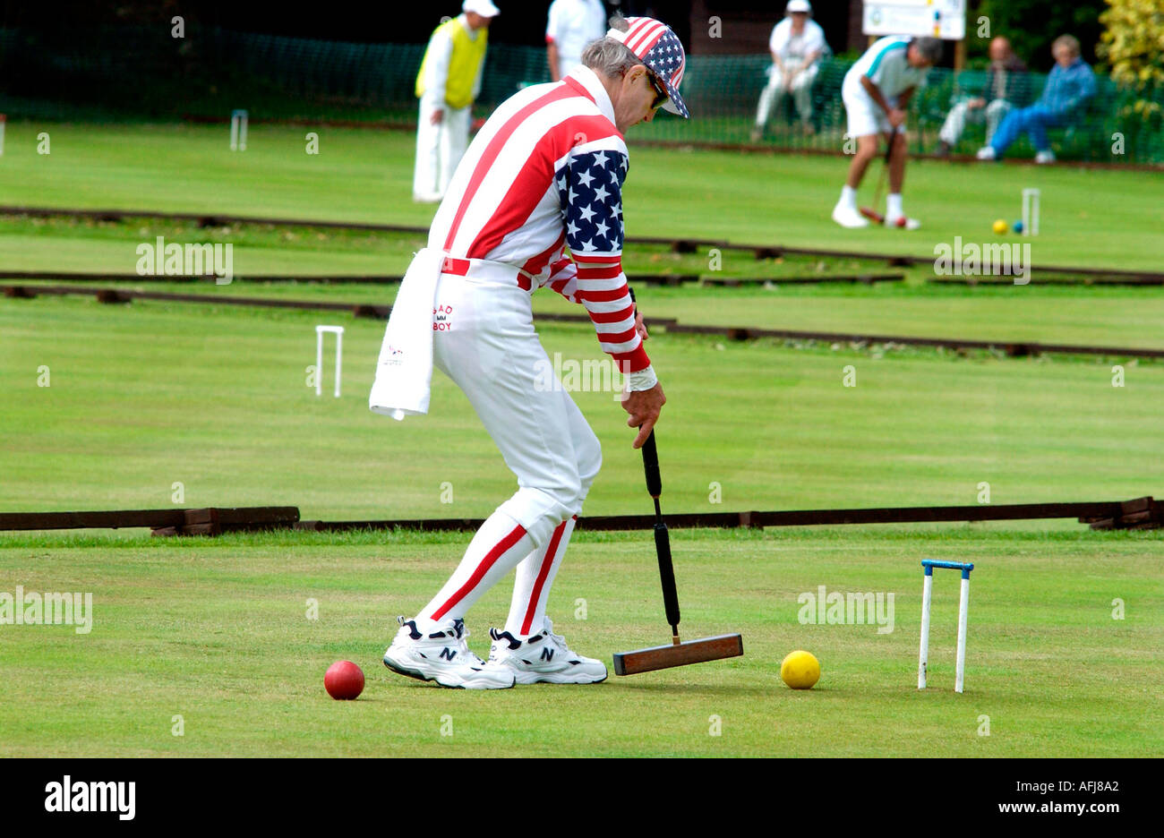 World Golf Croquet campionati US champ Mik Mehas in azione Foto Stock