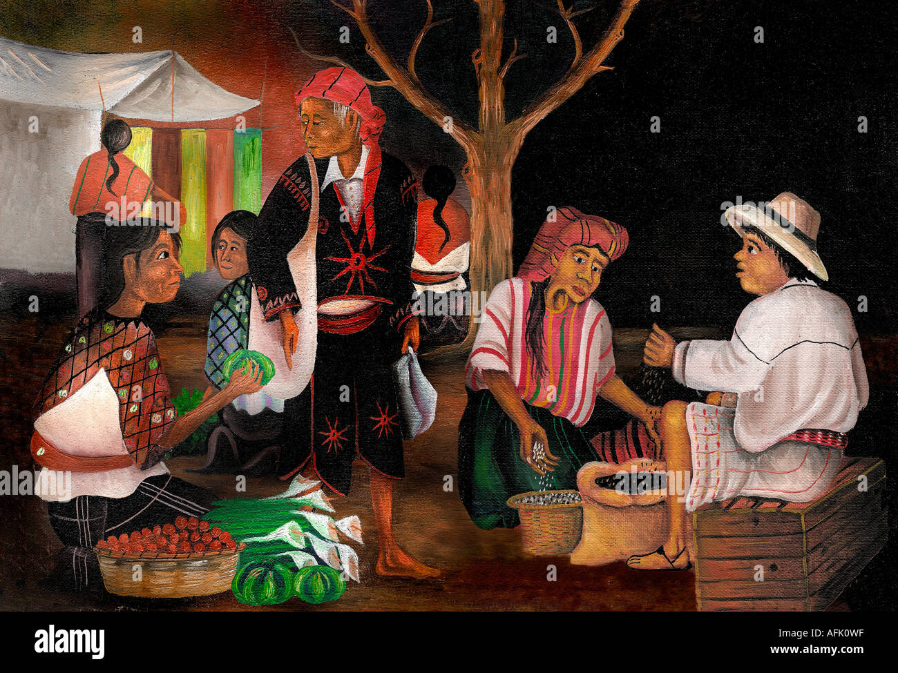 La pittura di una scena di mercato raffigurante Indiani di Maya da Chichicastenango e San Antonio Palopo guatemalteco arte Maya GUATEMALA Foto Stock