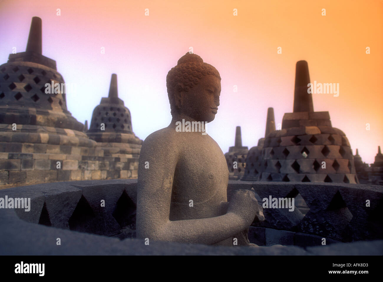 Buddha di pietra al tempio di Borobudur complesso in Java Centrale Indonesia Asia del sud-est Foto Stock