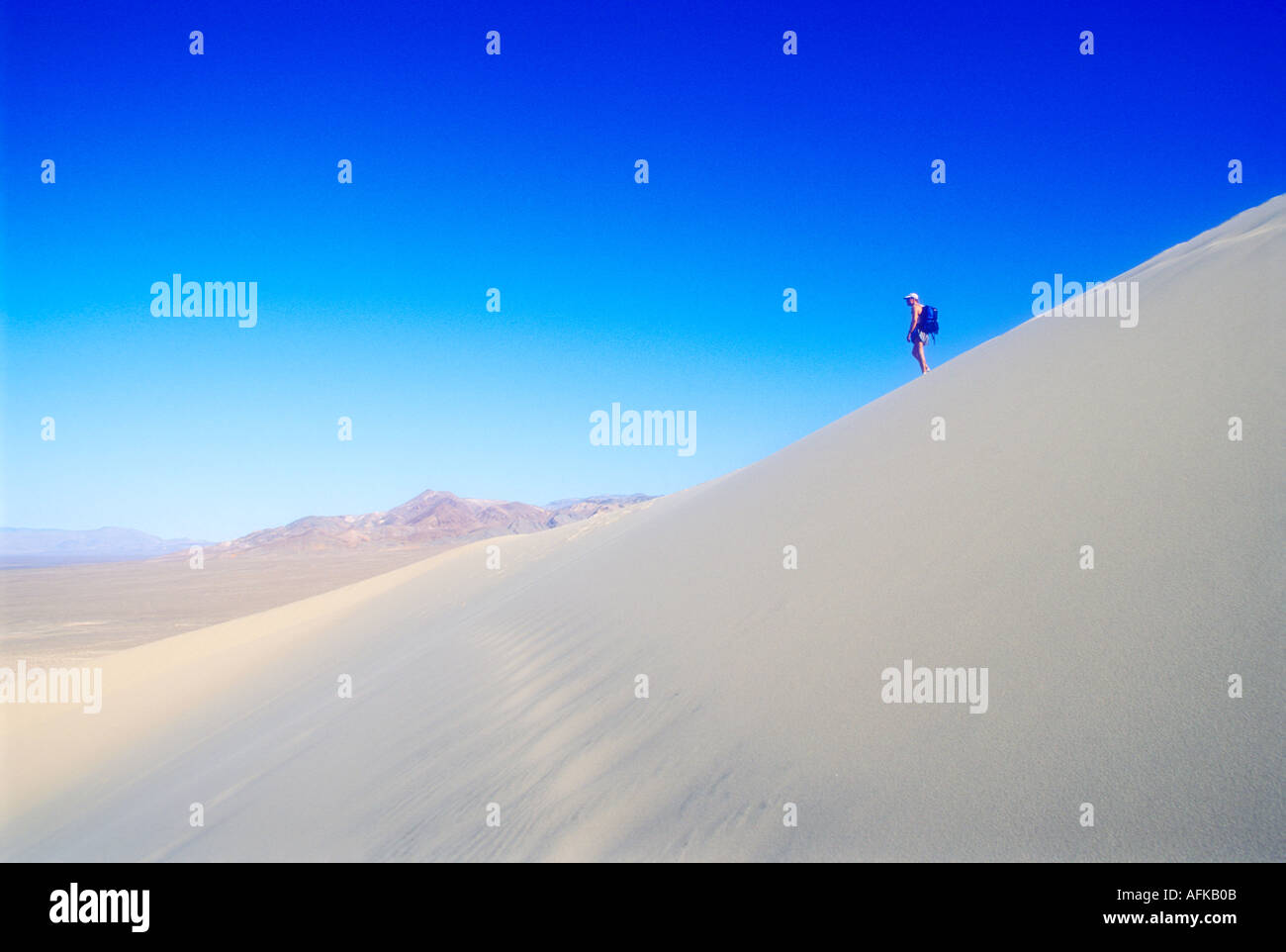 L'uomo escursionismo su alte dune di sabbia nella Death Valley California Modello rilasciato foto Foto Stock