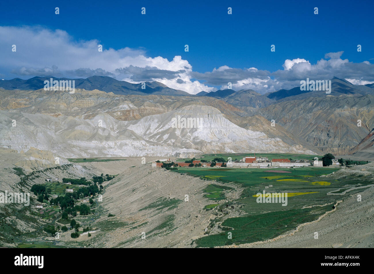 Il Nepal Sud Asia Himalaya Mustang Lo Manthang la capitale circondata da verdi campi coltivati e montagne sullo sfondo Foto Stock