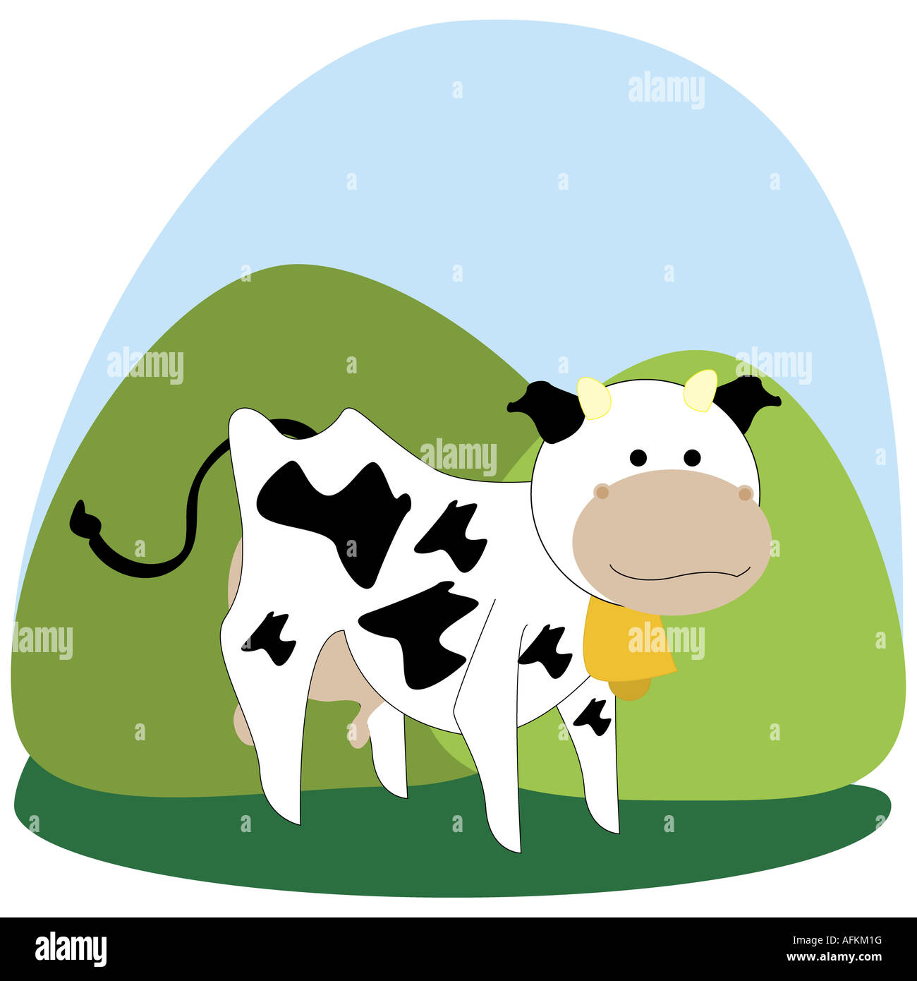 Mucca in piedi in un campo con una campana nel suo collo Foto Stock