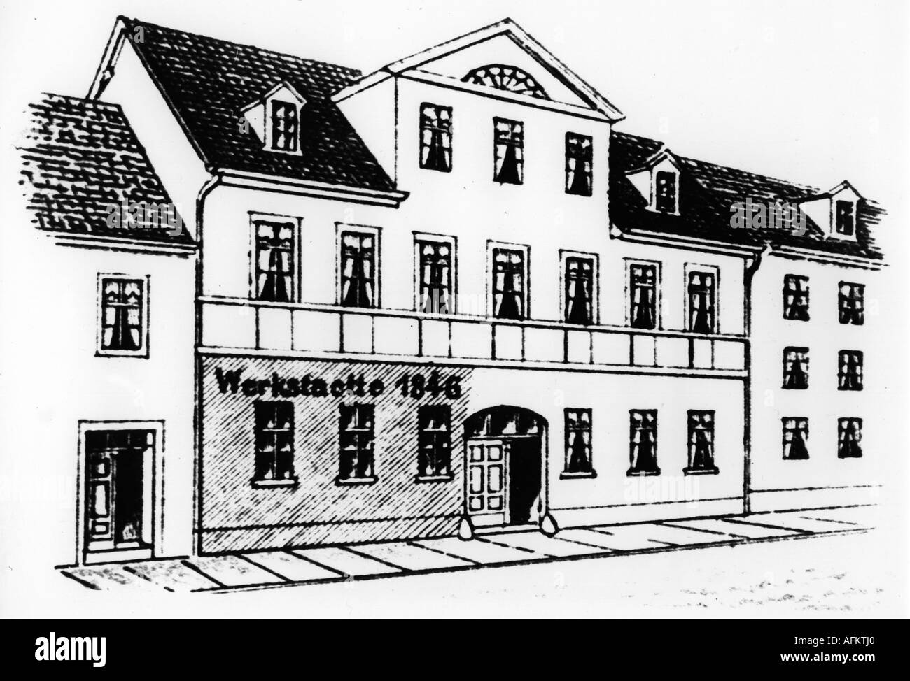 Zeiss, Carl, 11.9.1816 - 3.12. 1888, industriale e meccanista tedesco, il suo primo laboratorio (1846 - 1847), Neugasse 7, Jena, disegno, Foto Stock