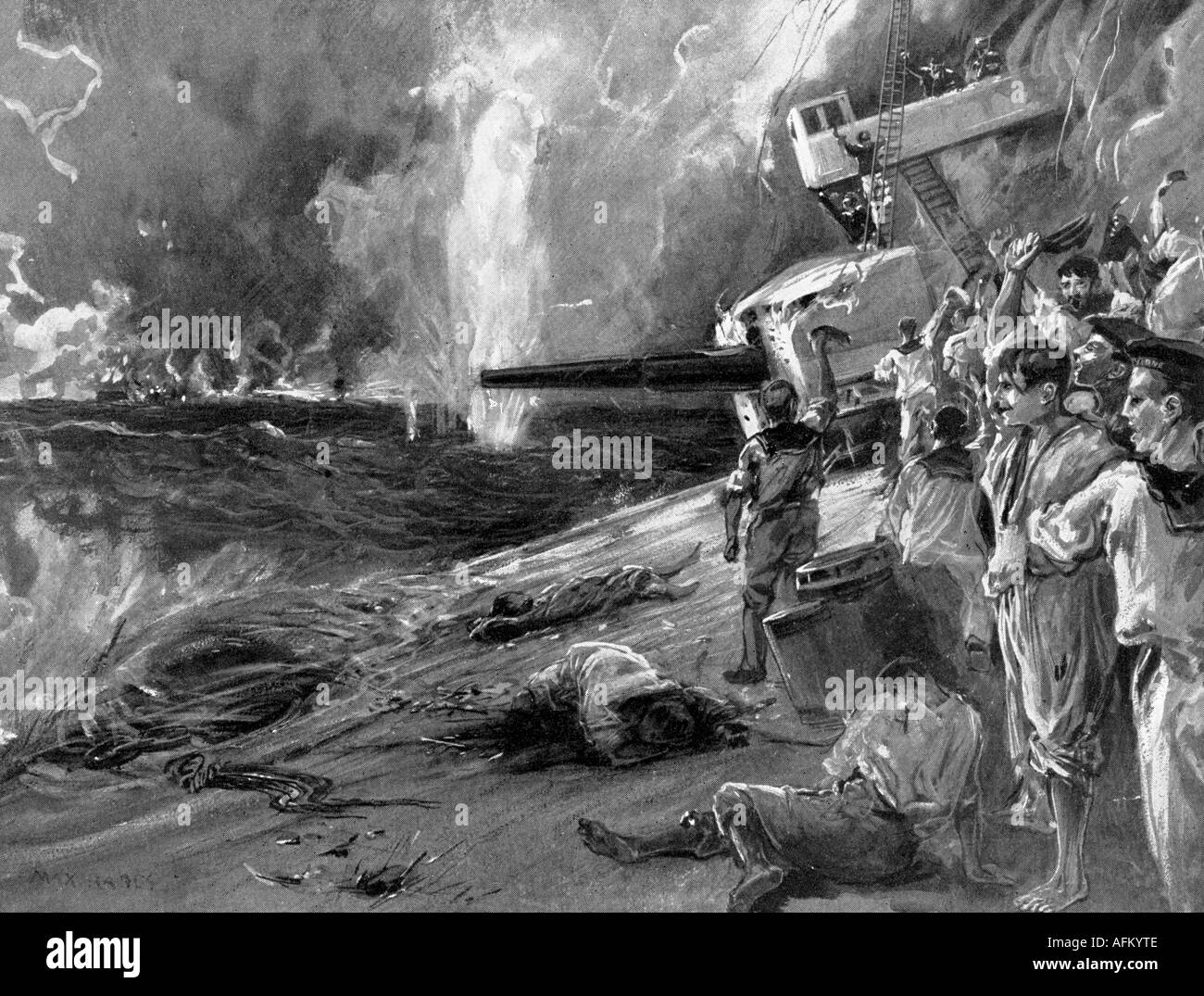 Eventi, Prima guerra mondiale / prima guerra mondiale, guerra navale, Battaglia di Jutland 31.5.1916 - 1.6.1916, disegno di May Rabes, Germania, 1916, fidanzamento, Marina Imperiale, nave da guerra, navi da guerra, storico, storico, 20th secolo, mare, marinai tedeschi, persone, 1910s, Foto Stock