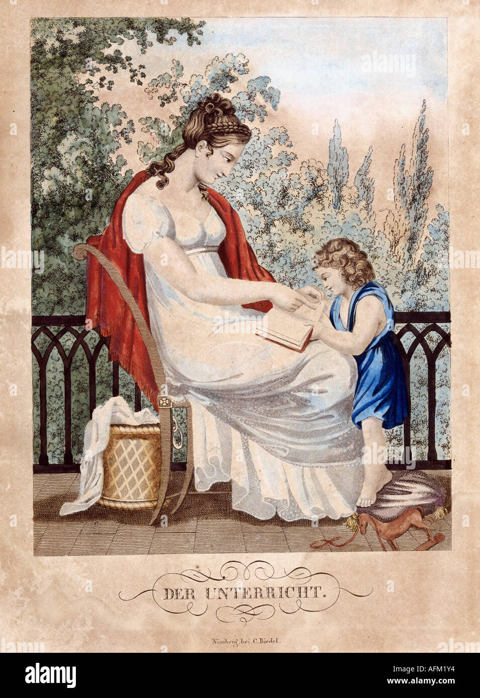 Persone, famiglia, madre e bambino, educazione, incisione, circa 1820, stampato da C. Riedel, Norimberga, moda, lettura, Germania, Foto Stock