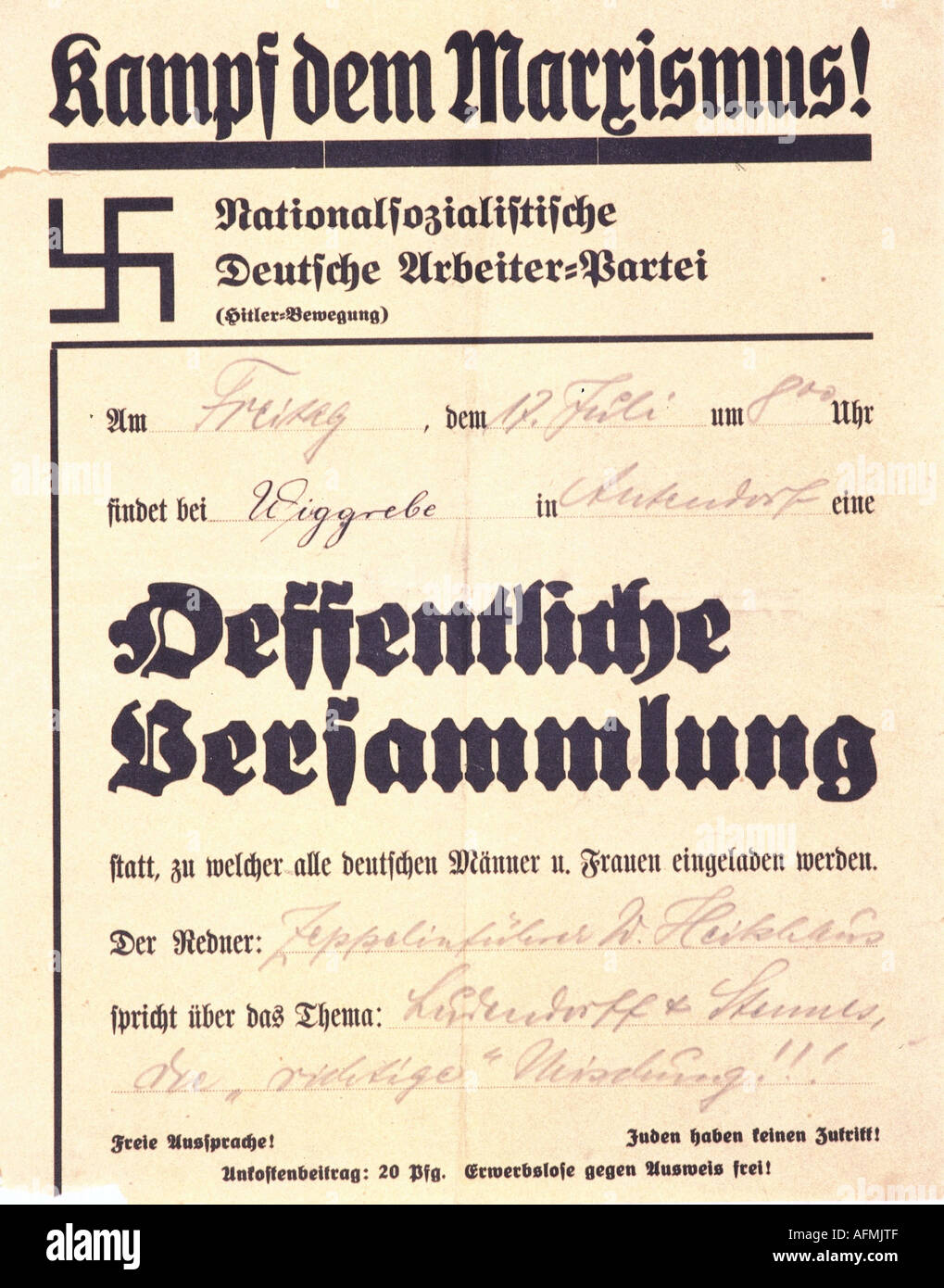 Geografia/viaggio, Germania nazista, politica, partiti, NSDAP, annuncio di un incontro pubblico ad Antendorf, bassa Sassonia, 16.7.1931, poster, , Foto Stock